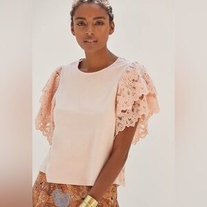 Women's Short Sleeve Tee with Lace Flutter Sleeves Blush forever that girl small
